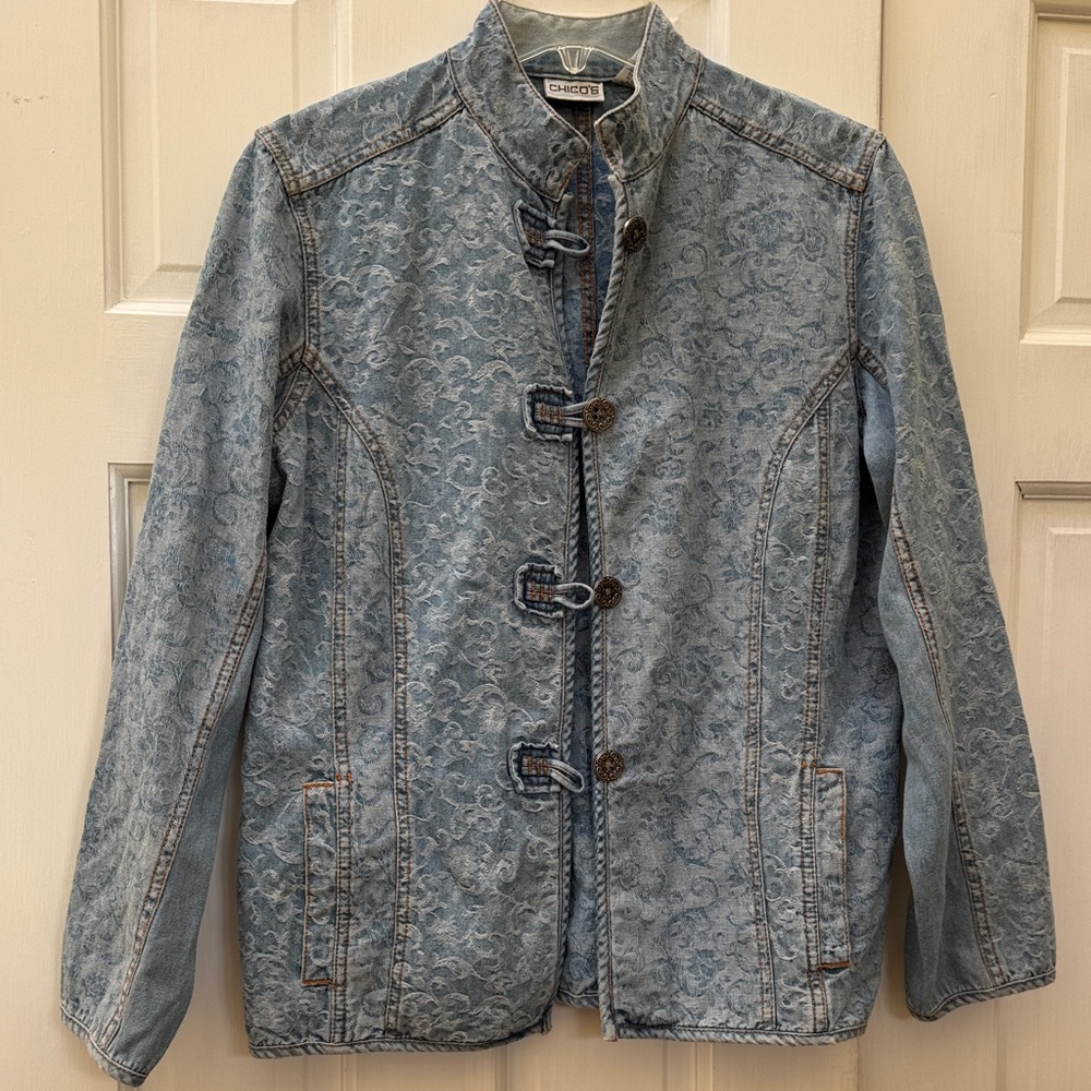 Chico's Light Blue Patterned Jean Jacket - image 1
